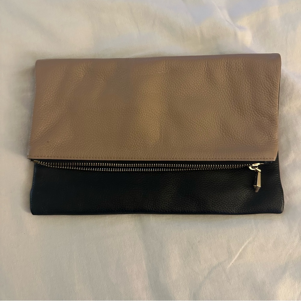 Neiman Marcus Tan and Black Leather Foldover Clutch